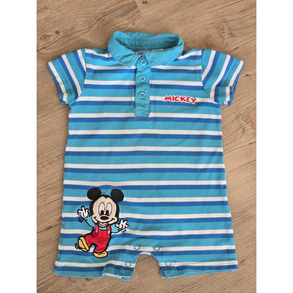 VTG Disney Baby Mickey Blue Stripe Short Sleeve Polo‎ Romper 12 M
